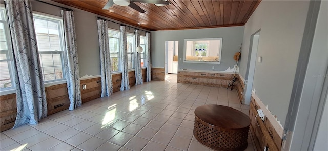 sunroom / solarium with plenty of natural light, ceiling fan, and wood ceiling