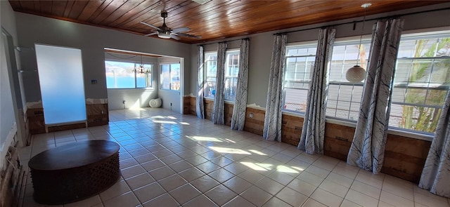 sunroom featuring ceiling fan and wood ceiling