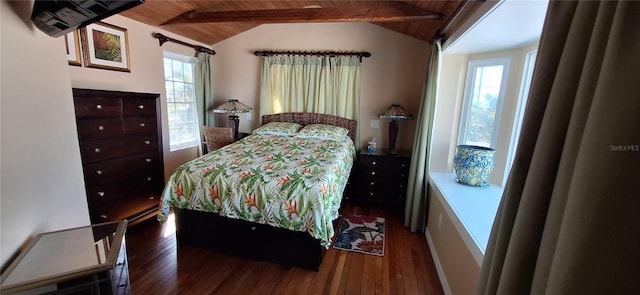 bedroom with dark hardwood / wood-style flooring, vaulted ceiling with beams, and wood ceiling