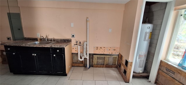 bathroom featuring electric panel, water heater, tile patterned flooring, and vanity