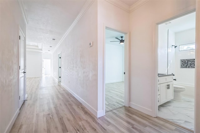 hallway with crown molding and light hardwood / wood-style floors