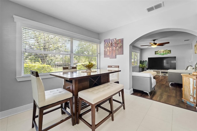 dining area with ceiling fan, a wealth of natural light, and hardwood / wood-style floors