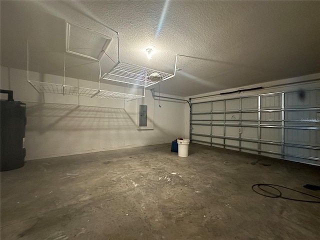 garage with electric panel and water heater