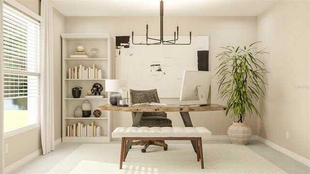 living area featuring a notable chandelier, plenty of natural light, and carpet flooring