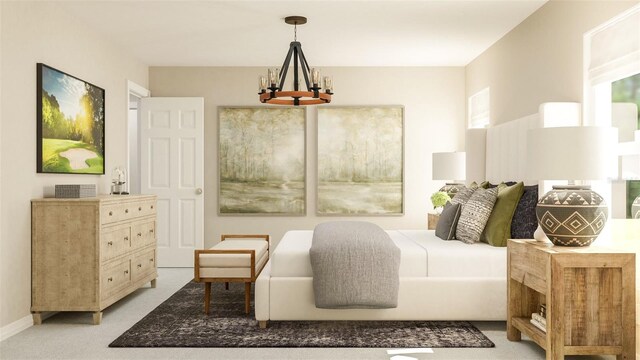 bedroom featuring an inviting chandelier and light colored carpet