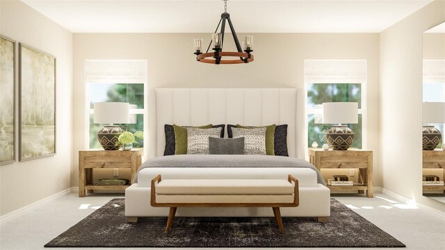 bedroom with carpet floors and an inviting chandelier