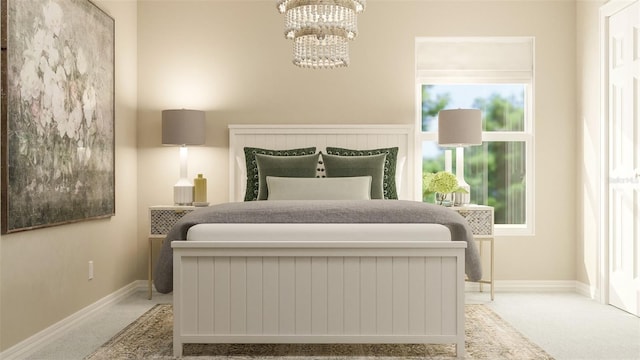 bedroom featuring carpet floors and a chandelier