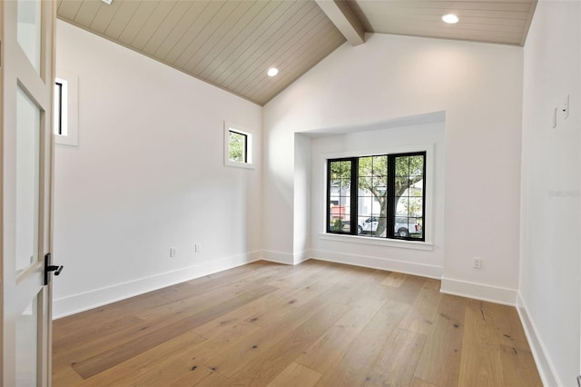 unfurnished room featuring vaulted ceiling with beams, wooden ceiling, and light hardwood / wood-style flooring