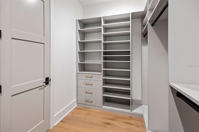 walk in closet with light hardwood / wood-style floors