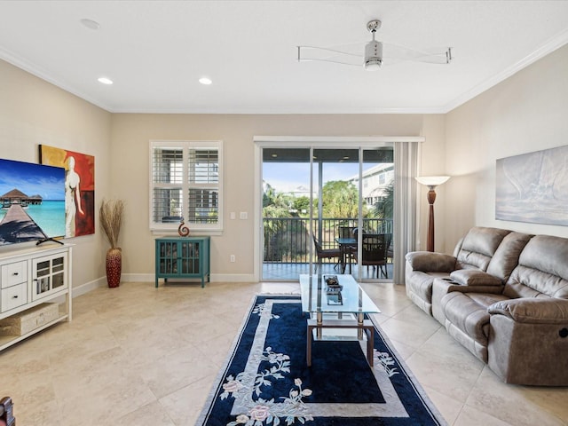 tiled living room featuring crown molding and ceiling fan