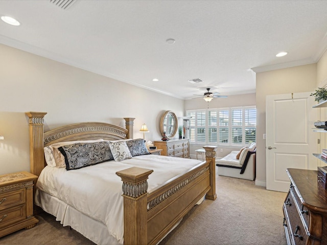 bedroom with light carpet, ornamental molding, and ceiling fan