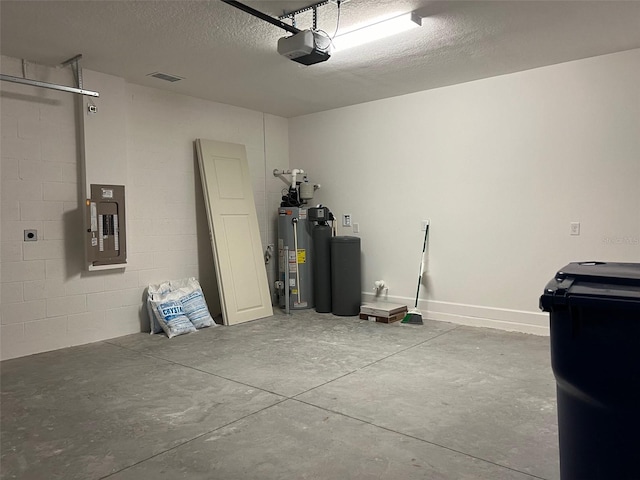 garage featuring electric panel, water heater, and a garage door opener