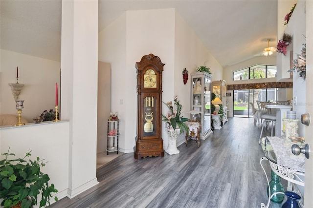 interior space with dark wood-type flooring and high vaulted ceiling