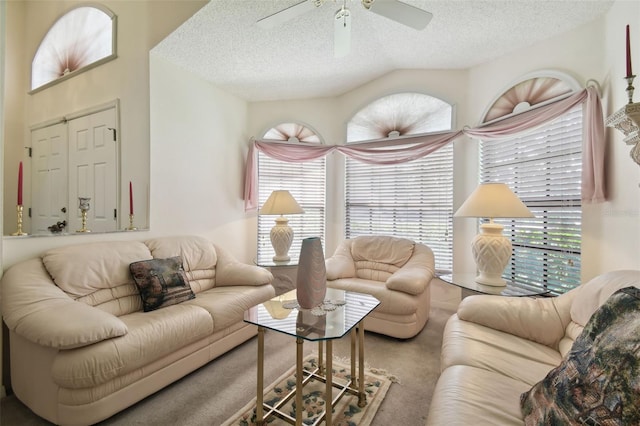 carpeted living room with vaulted ceiling, a textured ceiling, and plenty of natural light