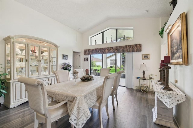 dining area featuring dark hardwood / wood-style floors, a textured ceiling, and high vaulted ceiling