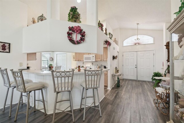 kitchen featuring kitchen peninsula, white appliances, light brown cabinetry, high vaulted ceiling, and dark hardwood / wood-style flooring