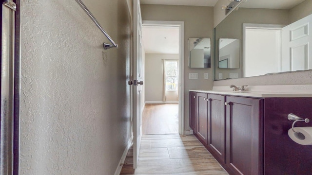 bathroom featuring vanity and hardwood / wood-style floors