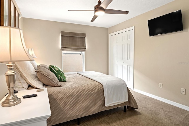 bedroom featuring a closet, carpet flooring, and ceiling fan