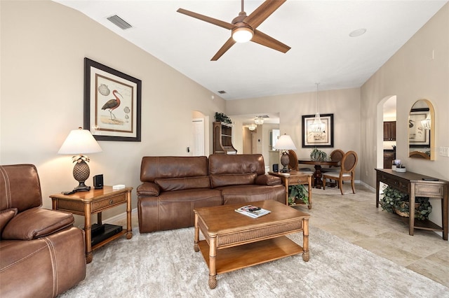 living room featuring ceiling fan