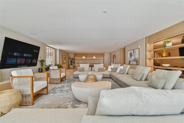 living room with light colored carpet