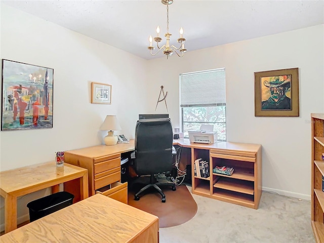 carpeted office with an inviting chandelier