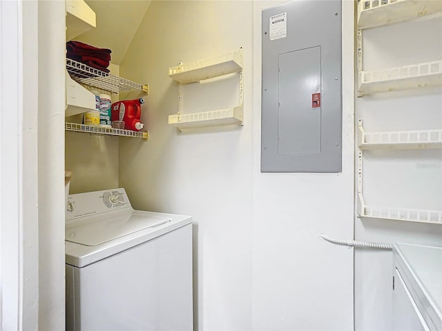 laundry room with electric panel and washing machine and dryer