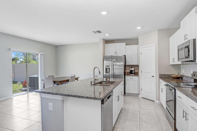 kitchen featuring sink, a kitchen island with sink, stainless steel appliances, and white cabinetry