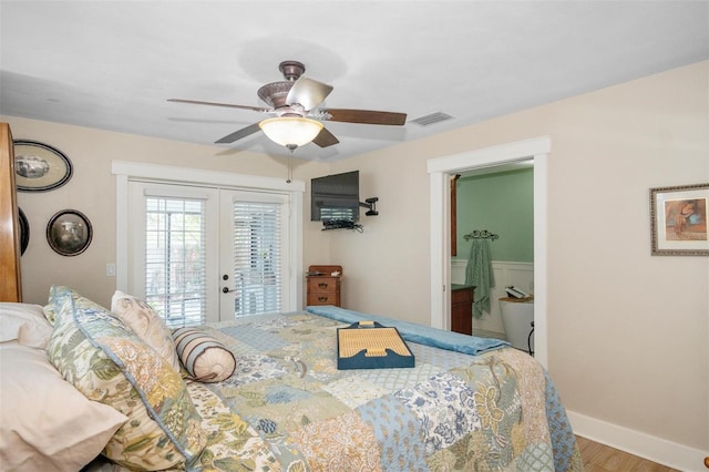 bedroom with hardwood / wood-style flooring, ceiling fan, access to exterior, and french doors