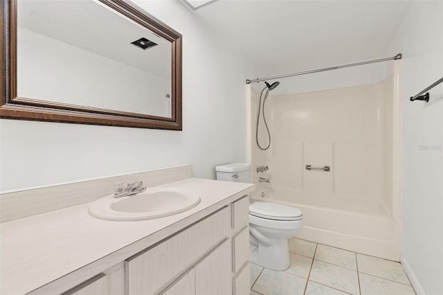 full bathroom featuring vanity, tub / shower combination, toilet, and tile patterned floors