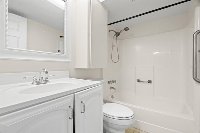 full bathroom with vanity, bathing tub / shower combination, toilet, and tile patterned flooring