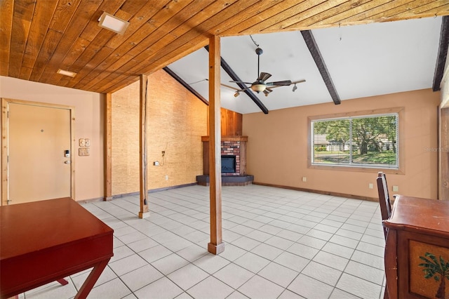 living room featuring beam ceiling, light tile patterned floors, ceiling fan, high vaulted ceiling, and a fireplace