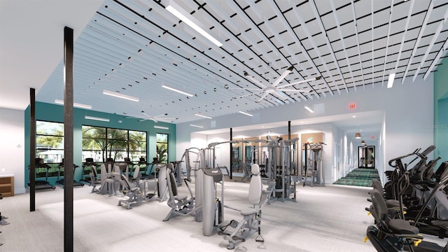 workout area featuring light colored carpet