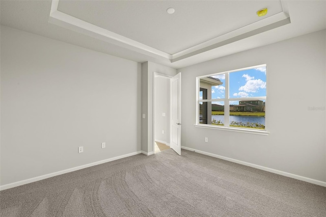 unfurnished room featuring carpet flooring, a water view, and a raised ceiling