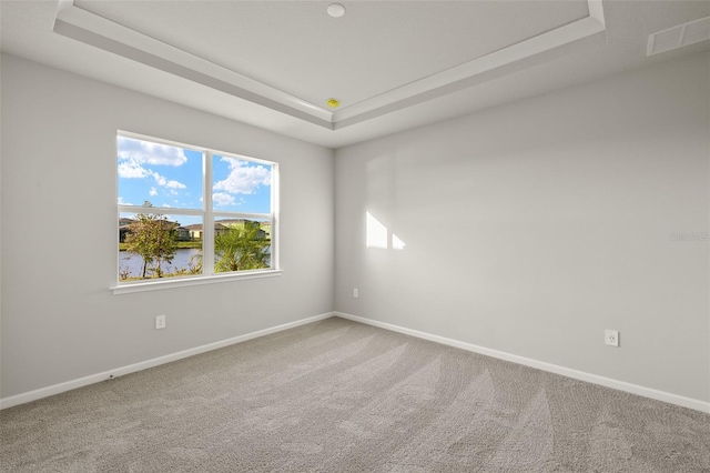 carpeted spare room with a tray ceiling and a water view