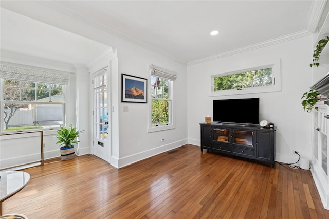 living room with crown molding, wood-type flooring, and a healthy amount of sunlight