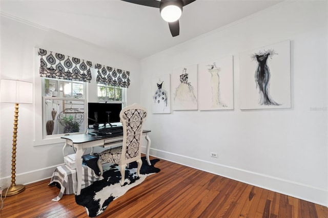 home office featuring ceiling fan and wood-type flooring