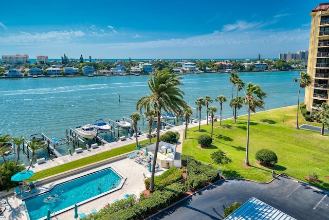 water view featuring a dock