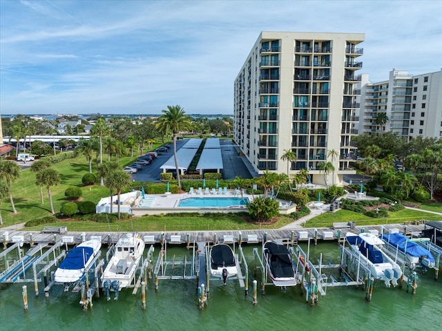 exterior space with a water view