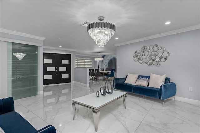 living room with french doors, crown molding, and a notable chandelier