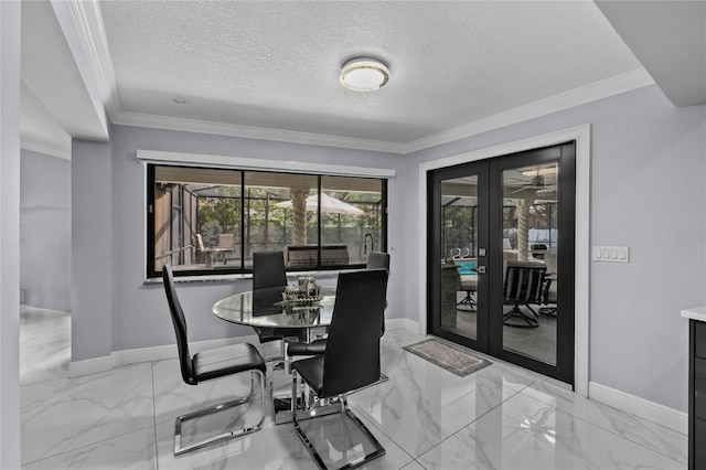 dining space featuring crown molding, french doors, and a textured ceiling