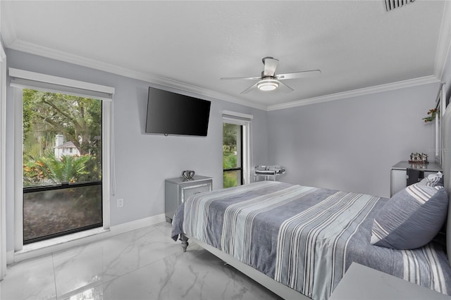 bedroom with ceiling fan and ornamental molding