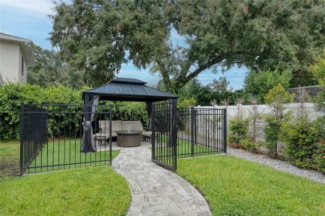 view of yard featuring a gazebo, a patio, and an outdoor hangout area