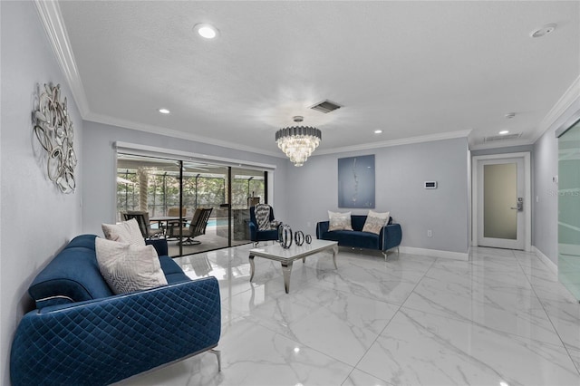 living room with a chandelier, a textured ceiling, and ornamental molding