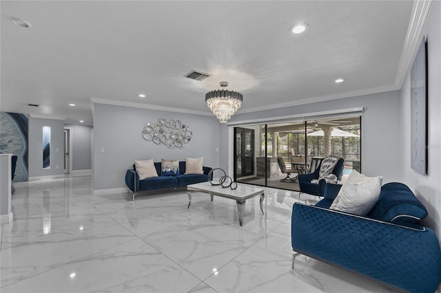 living room featuring ornamental molding, a textured ceiling, and a chandelier