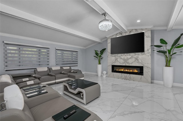 living room featuring vaulted ceiling with beams, a fireplace, a notable chandelier, and ornamental molding