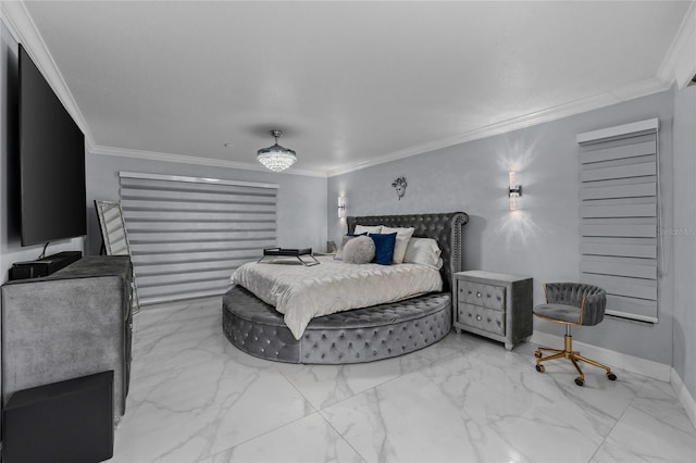 bedroom featuring ceiling fan and ornamental molding