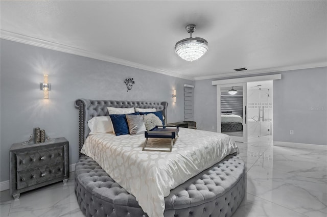 bedroom featuring ornamental molding and a notable chandelier