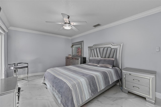 bedroom with ceiling fan and crown molding