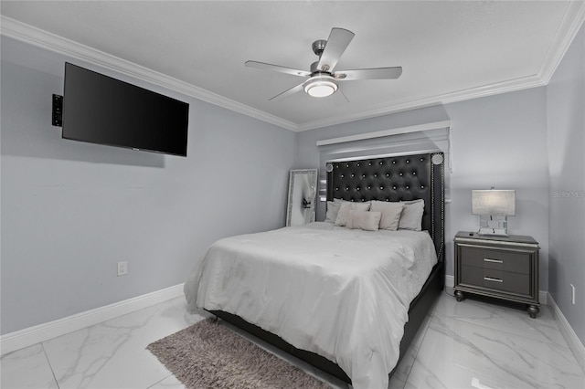 bedroom featuring ceiling fan and ornamental molding