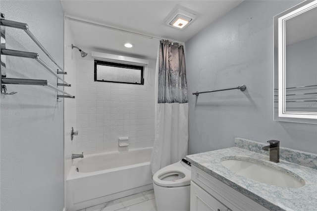 full bathroom with vanity, toilet, and shower / bath combo with shower curtain